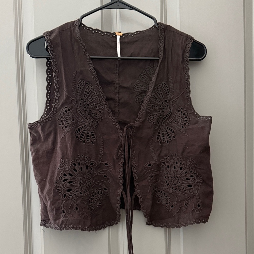 Free People Dark Brown Embroidered Crop Top